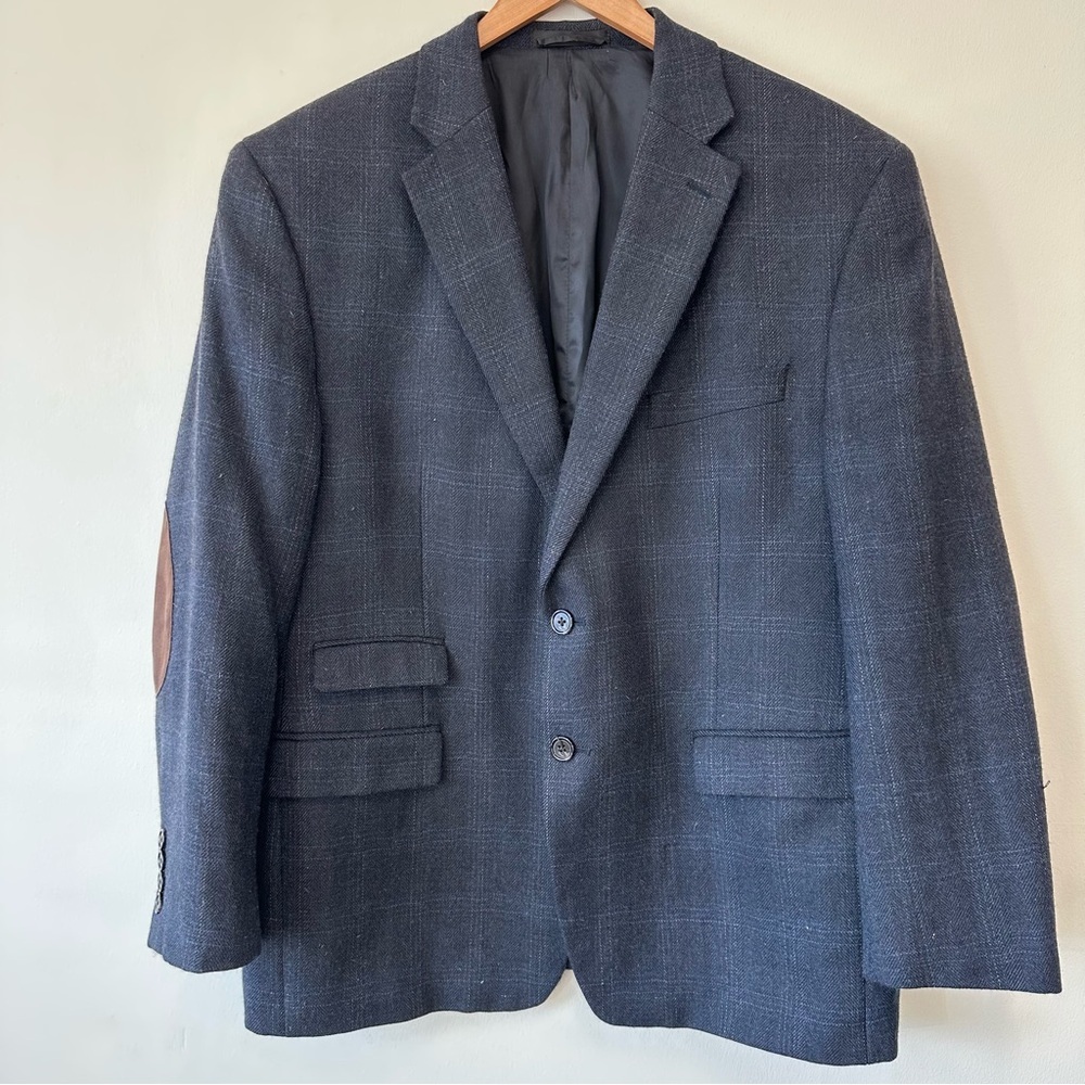 Ralph Lauren 100% Wool Charcoal Plaid Blazer with Brown Elbow Patches